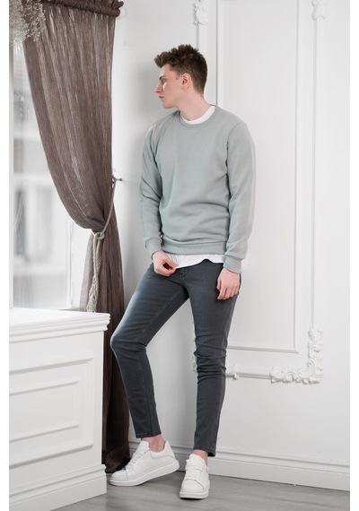 Slimfit Sıfır Yaka Basic 3 İplik Erkek Sweatshirt Açık Gri