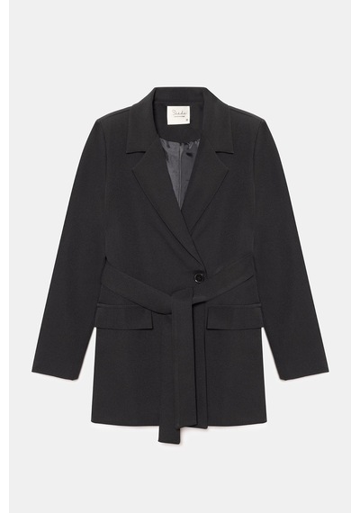 Sââde Kadın Tek Düğmeli Dokuma Kruvaze Blazer Ceket - Kuşaklı Siyah