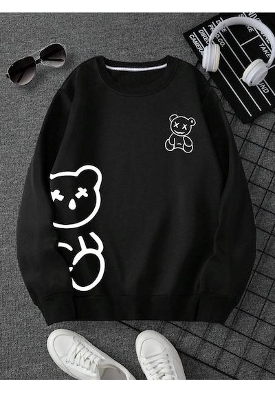 Startmore Ayıcık Baskılı Üç İplik Kalın Bisiklet Yaka Unisex Oversize Sweatshirt Siyah Siyah