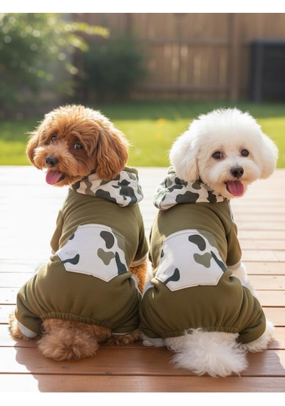 Kamuflaj Desenli Köpek Tulumu Kapüşonlu Pamuklu Polar Kumaş Haki Yeşil Küçük Irklar İçin