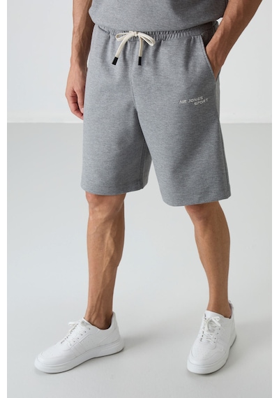 Gri Melanj Pamuklu Kalın Yumuşak Dokulu Oversize Fit Nakışlı Erkek Şort Takım - 85250 GRİ MELANJ