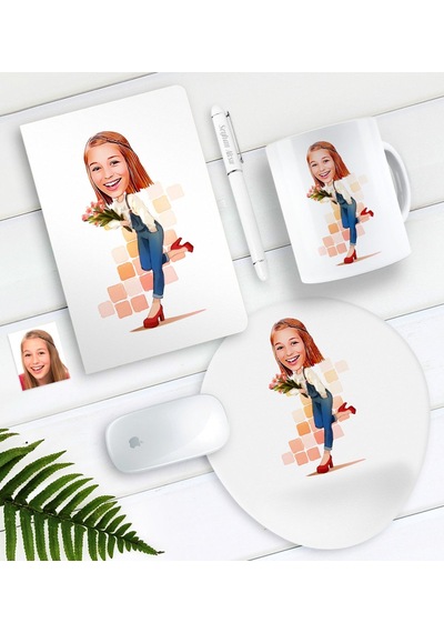 Kişiye Özel Bayan Karikatürlü Defter Kalem Kupa Mouse Pad Seti-13