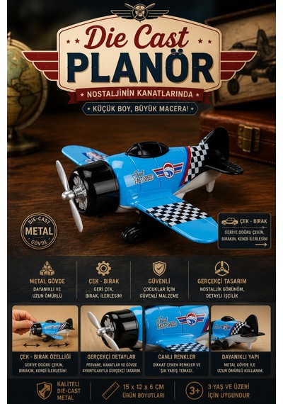 Die-cast Metal Çek Bırak Oyuncak Savaş Uçağı 15 Cm Mavi