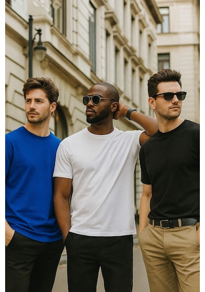Rich Erkek 3'lü Paket Siyah-kırmızı-mavi Pamuklu Oversize Tişört Bisiklet Yaka Kısa Kollu T-shirt Mavi