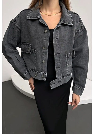 Moda Çift Cep Beli Düğme Detaylı Denim Ceket Gümüş