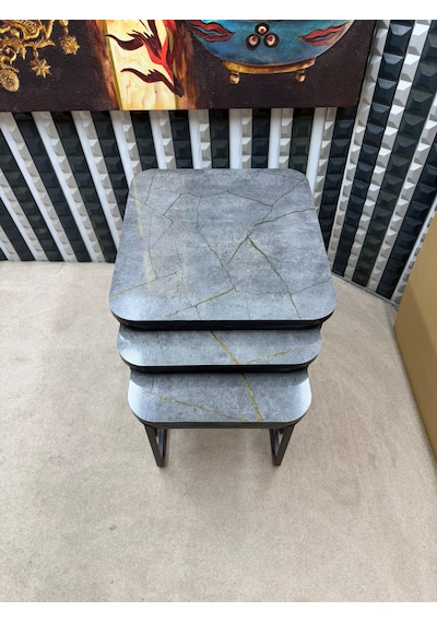 3 Lü Zigon Sehpa Seti Metal Ayaklı Ahşap Desen Tabla Modern Tasarım Gri