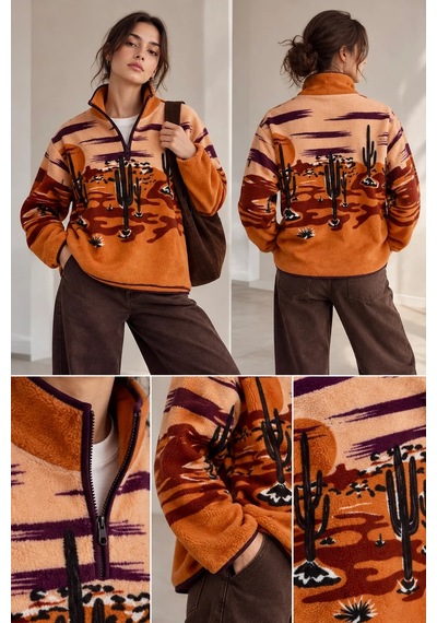 Bbbutikbasic Dik Yaka Yarım Fermuarlı Desenli Polar Sweatshirt My3535 Turuncu