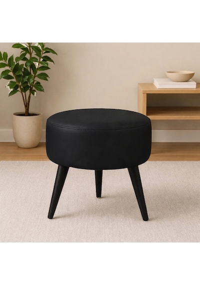 Waterybrook Suni Deri Puf - Ahşap Siyah Ayaklı - Retro Modern Tasarım - Oturma Ve Dekoratif Sehpa Siyah