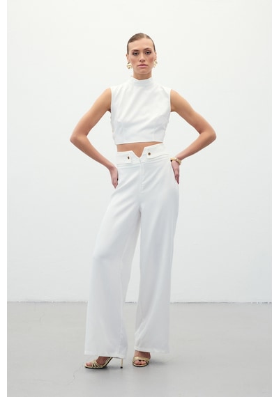 Sateen Bel Detaylı Pantolon - Ekru-135630 Ekru
