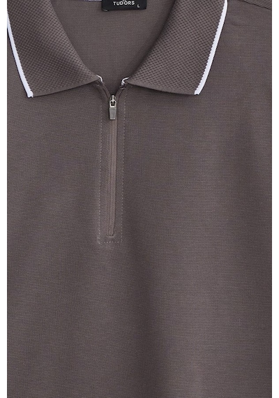 Tudors Erkek Slim Fit Dar Kesim %100 Pamuk Jakarlı Düz Yaka Ve Kol Detaylı Gri Polo Yaka Tişört-50216