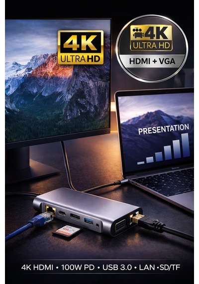 11in1 Type-c Hub Usb 3.0 Hdmı 4k Vga Lan Sd/tf 100w Pd Çoklayıcı Adaptör Dönüştürücü