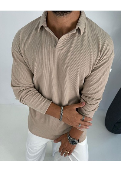 La-boum Polo Yaka Bürümcük Uzun Kol Sweatshirt Bej