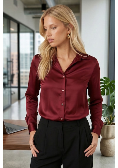Armonika Kadın Bordo Uzun Kollu Saten Gömlek Arm-26k001096