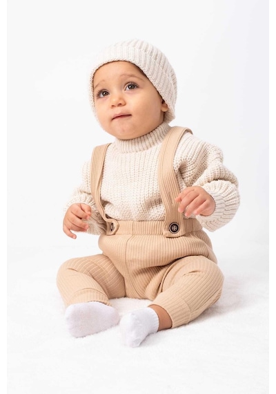 Bebicix Triko Kazak Oversize Esnek Salopet Bereli Unisex Bebek Takım Bej