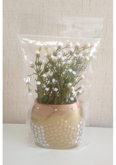 Vazoda Beyaz Yapay Çiçek Dekoratif Altın Mozaik Poliresin Vazo Dahil 10 x 15 x 5 CM