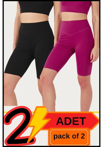 Missmaral Kadın Yüksek Bel Toparlayıcı Kısa Siyah &mürdüm Şort Tayt 2'li Paket Lycralı Biker Shorts 21071 Siyah - Mürdüm