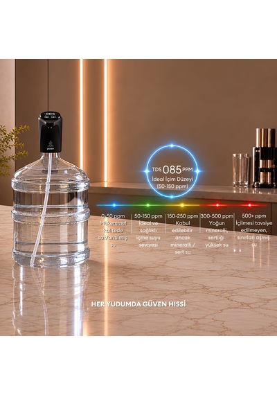 Pizen Flow Usb Şarjlı Otomatik Damacana Su Pompası Tds Ölçer 250ml 500ml 1l 2l Ölçü Özellikli Siyah