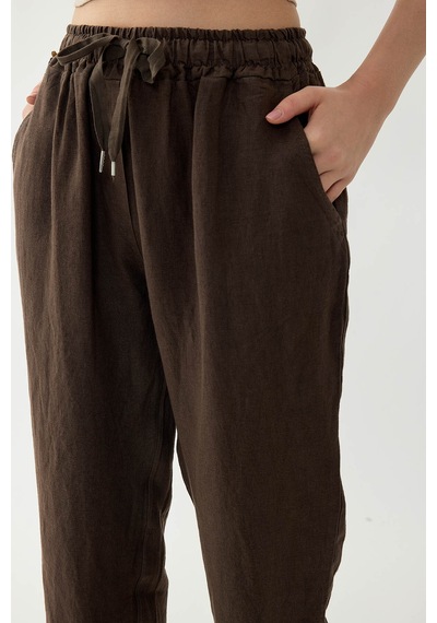 Vitrin %100 Keten Beli Lastikli Cepli Geniş Paça Pantolon Kahve