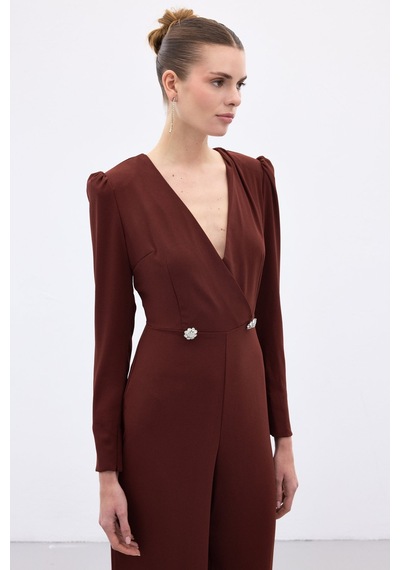 Sateen Kruvaze Süs Taşlı Krep Tulum - Bordo-136568 Bordo