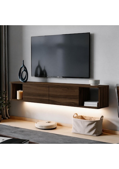 İnarch Dizayn Twist Led Işıklı Duvara Monte Tv Sehpası - 2 Kapaklı Ceviz