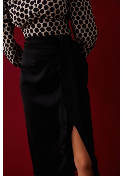 Sateen Yırtmaçlı Saten Etek - Siyah
