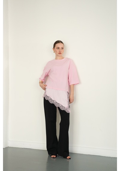 Verymoda Dantel Ve Saten Detaylı Asimetrik Tişört D2942 Pembe
