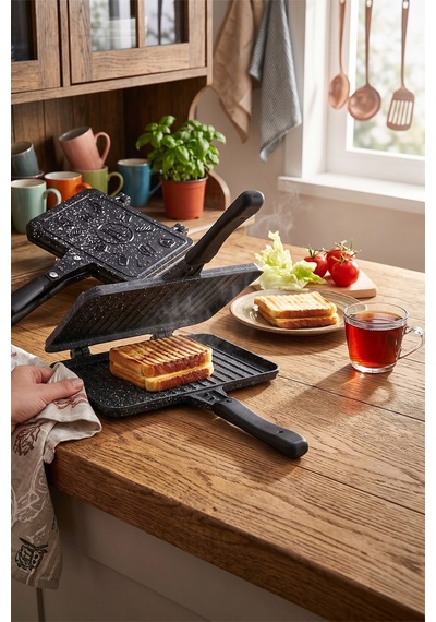 24 Cm Yanmaz Yapışmaz Döküm Lüx Tost Tavası Siyah