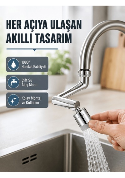 2 Modlu 1080 Dönebilen Musluk Başlığı Esnek 3 Eklemli Hareketli Tasarım Altın