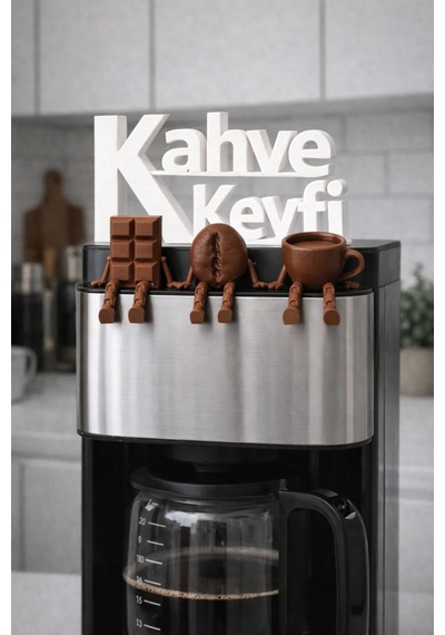 Kahve Keyfi Dekoratif Yazı + Sallanan Ayaklı 3 Lü Figür Seti Kahve Köşesi Mutfak Süs