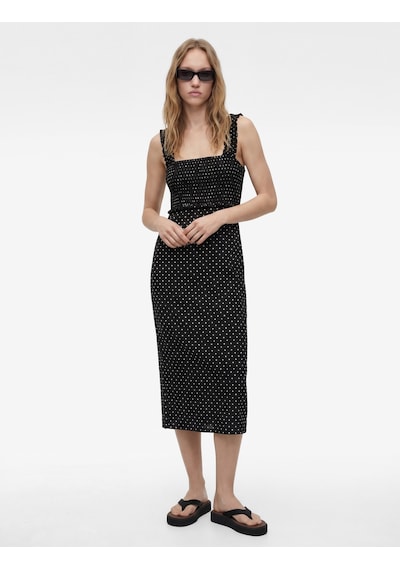 Koton Kare Yaka Slim Fit Kalın Askılı Gipeli Midi Puantiyeli Elbise Siyah Desenli 6sal80026ık