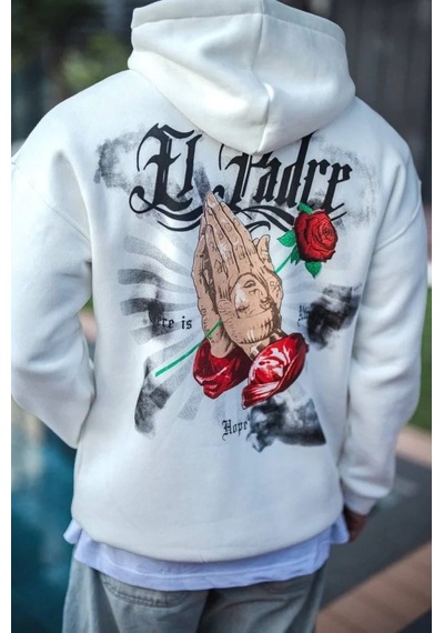 Üç İplik Penye Kapşonlu Baskılı Sweatshirt - Beyaz