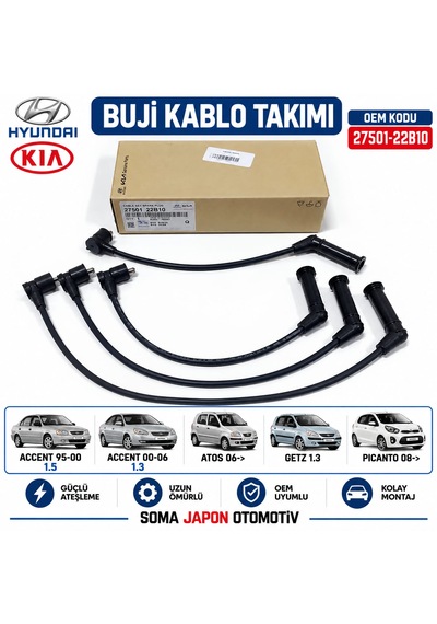 Accent 95-00 1.5 -00-06 1.3-atos 06 Sonrası-getz 03-06 1.3-pıcanto 08 Sonrası Buji Kablosu Takım 27501-22b10