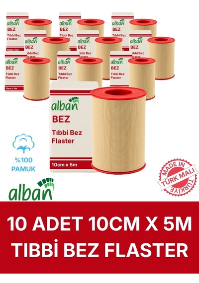 10 'lu Bez Flaster 10 Cm X 5 M, 10 Kutulu Set, Pamuklu Medikal Sabitleme Bandı Tekli Rulo