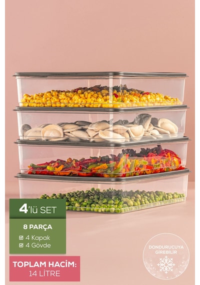 Vienev 4'lü 3,5 Litre Buzdolabı Düzenleyici Organizer Mikrodalgaya Uygun Difriz Saklama Kabı Gri Gri