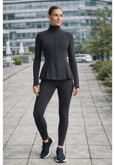 Gugus Kadın Light Warm Running Volanlı Fermuarlı Yüksek Yaka Spor Ceket Esnek Activewear Füme