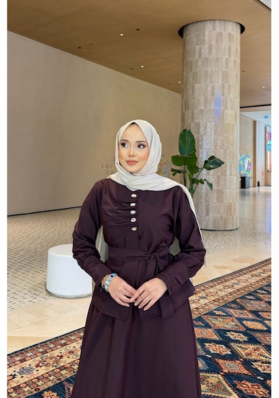 Riella Butik Moré Düğme Detaylı Tesettür Takım Mürdüm