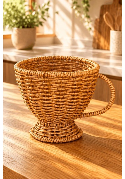 Atbyhome Doğal Hasır Rattan Kupa Formunda Ayaklı Sepet 15x13 Cm - Kulplu Masa Üstü Ekmeklik Ve Meyvelik Kahverengi