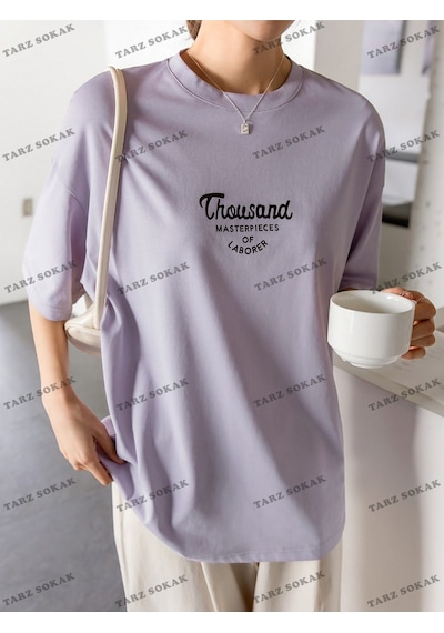 Flood Of Style Unisex Bay Harfli Grafik Düşük Omuzlu Tişört Kod-1386 Mor