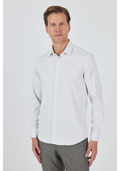 İmza Beyaz-gri Sert Yaka Cepsiz Gabardin Uzun Kol Slim Fit Esnek Gömlek 1004250231 Beyaz-gri