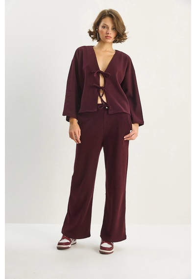Shade Kadın Bağlama Detaylı Kimono Yüksek Bel Bol Pantolon Selanik Takım 7028 60283640 - Bordo