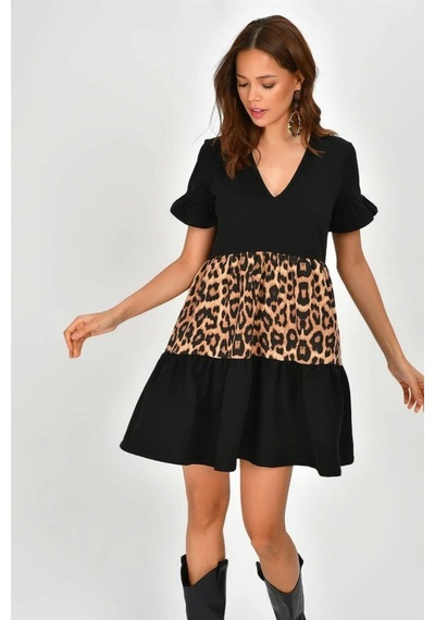 Aqe Fashion Kadın V Yaka Leopar Desenli Bloklu Elbise Leopar & Siyah Leopar