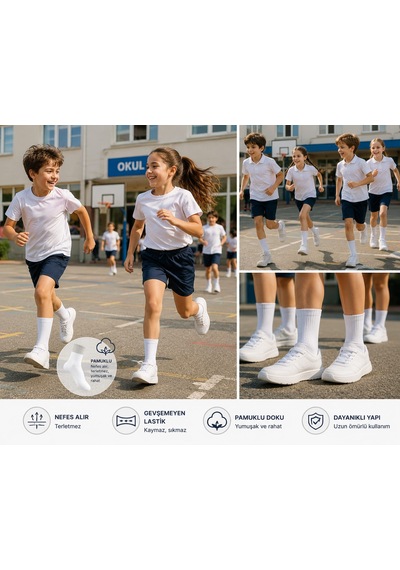 Km Collections Çocuk Tenis Çorabı 6 Çift Pamuklu Beyaz