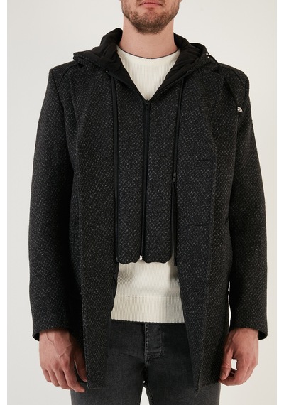 Buratti Çıkarılabilir Kapüşonlu Kırçıllı Slim Fit Kaşe Erkek Kaban 5841013 Antrasit Noktalı