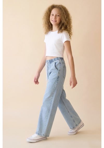 Modanino Kız Çocuk Beli Lastikli Ve Kordonlu Geniş Kesim Jean Pantolon 7-15 Yaş 12679sk Mavi