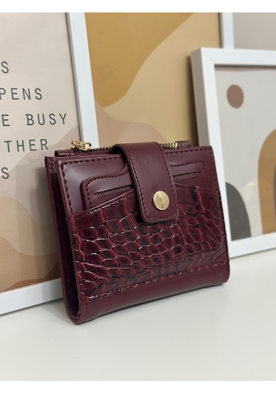 Just Polo Arden Yılan Derisi Görünümlü Kroko Desenli Bol Kartlıklı Bozuk Para Bölmeli Çıt Çıtl Kadın Ayrılabilir Kartlıklı Cüzdan Bordo