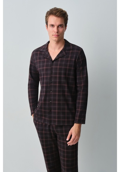 Suwen James Erkek Pamuklu Gömlek Yaka Pijama Takımı Msh10510243911 Siyah