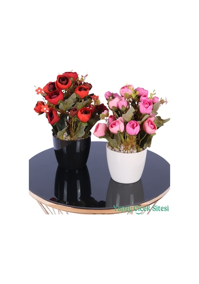 Yapay Çiçek Sitesi Plastik Saksıda Yapay Ranunkulus Tanzimi 2'li Set 30 Cm Kırmızı - Pembe