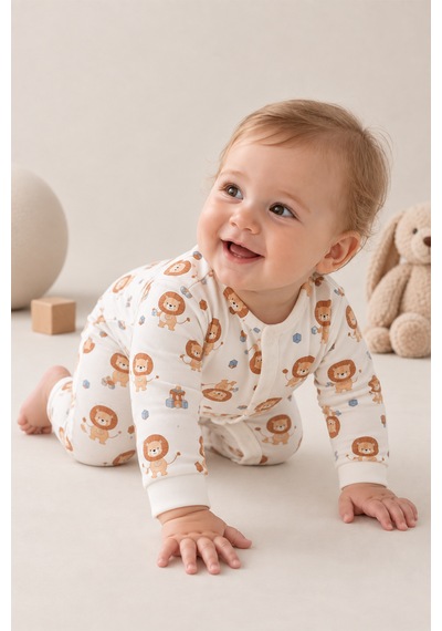 Luppinos Soft Dream Geniş Kalıp %100 Pamuk Aslan Baskılı Çıtçıtlı Tulum Beyaz