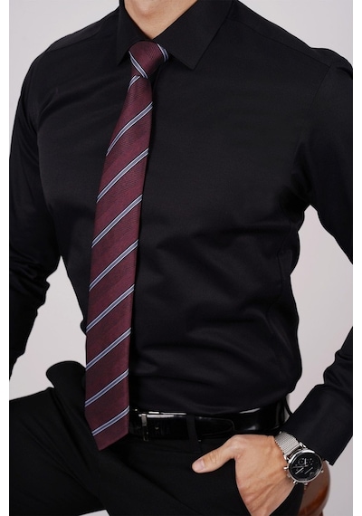 Gömlek Kravat Seti (Bordo Çizgili Kravat & Siyah Saten Slimfit G Siyah