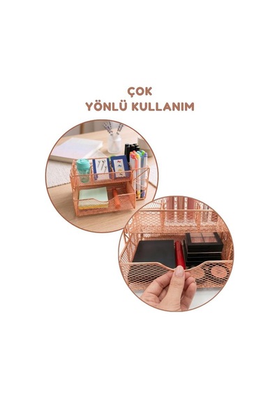 Temel Rose Gold Metal Mesh Masaüstü Organizer Çekmeceli Çok Bölmeli 21.8x11.5x11 Cm 9510